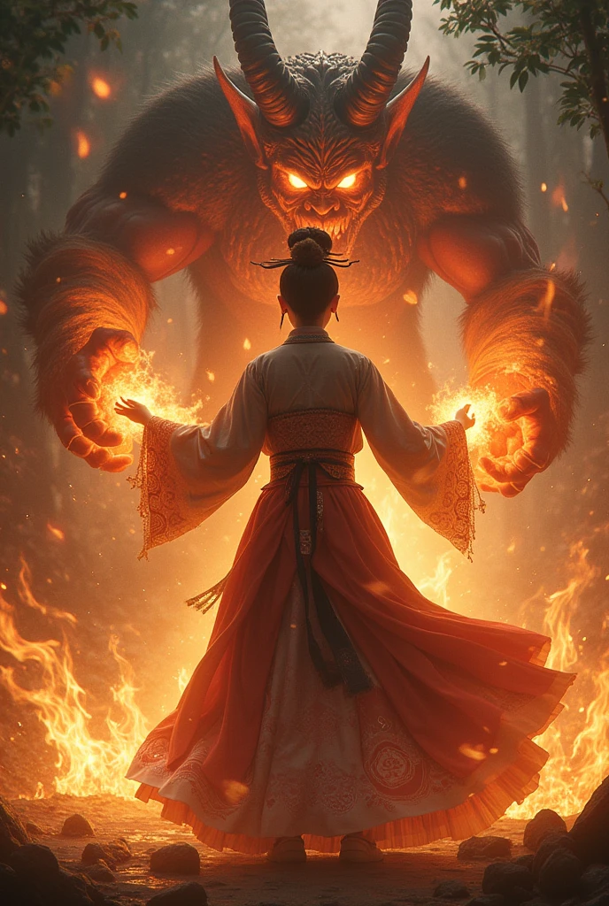 A Korean female shaman with mystical powers fighting a demon with fire powers