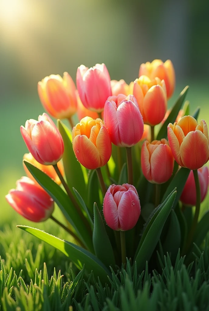 A bouquet of beautiful dewy tulips laid on the grass