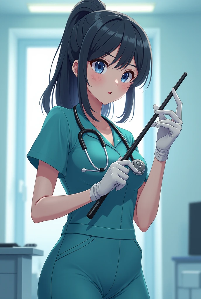 Horny, medical latex gloves, medical overalls, girl anime, holds an endoscope