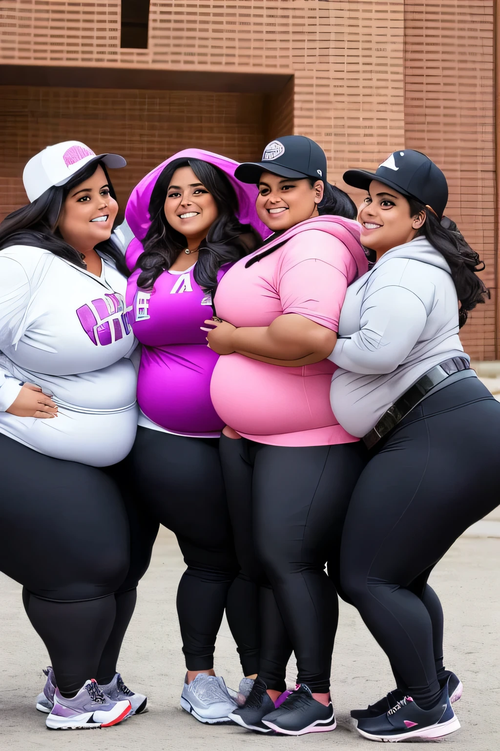 four extremely fat old latino women hugging, huge bust, 300 pounds, black pants, large stomach, lovehandles, smiling, bbw, plus size woman, wearing baseball cap, belt, massive and gigantic belly, wearing hoodie, hand on stomach, lying down, text on stomach, holding backpack, wearing backpack