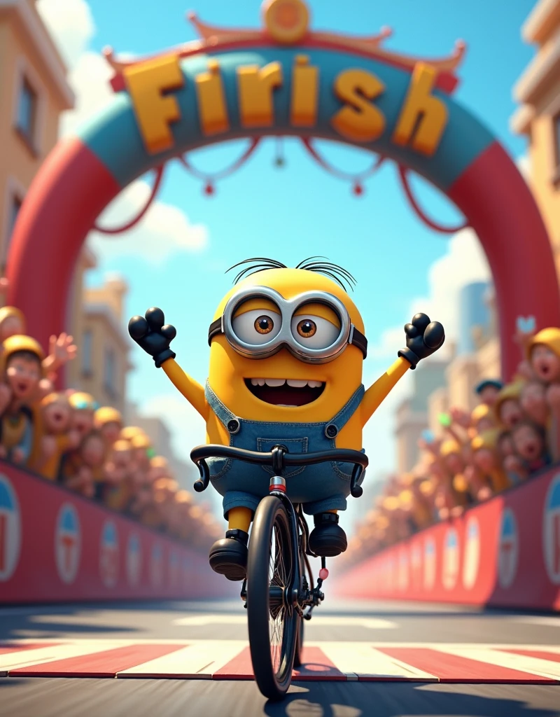 Minion Kevin with the black bike.crossed the finish line to the cheers of the crowd. Above is the Bike finish gate
