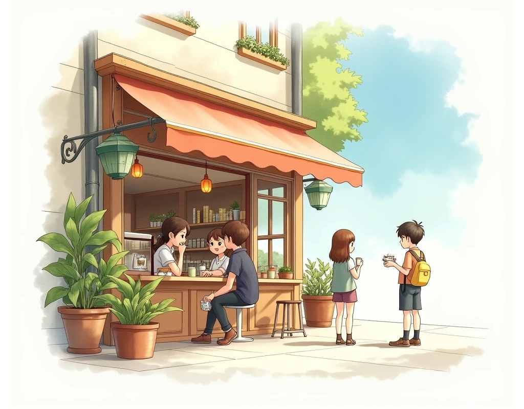 light,watercolor,outside of a,coffeeshop,bright,white,background,few,details,dreamy,studio,Ghibli