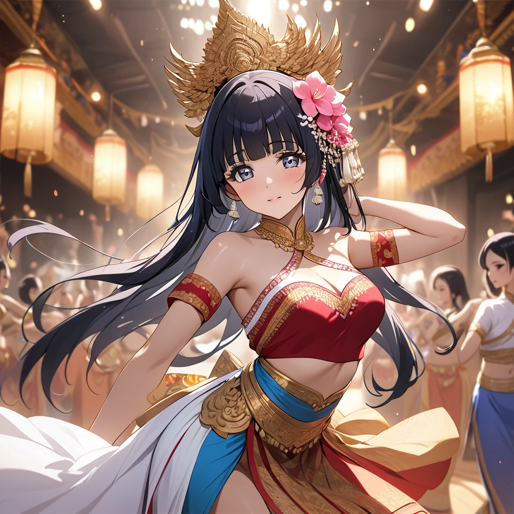 ((Highest quality)), ((masterpiece)), (detailed), (Perfect Face)、The woman is Reika Aoki with semi-long hair、A woman is wearing a Thai dance costume and dancing the Thai dance Ram in Thailand