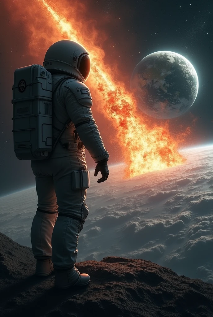 An astronaut in space watches in horror as the Earth is hit by a comet. The earth is in the background, but clearly and distinctly.