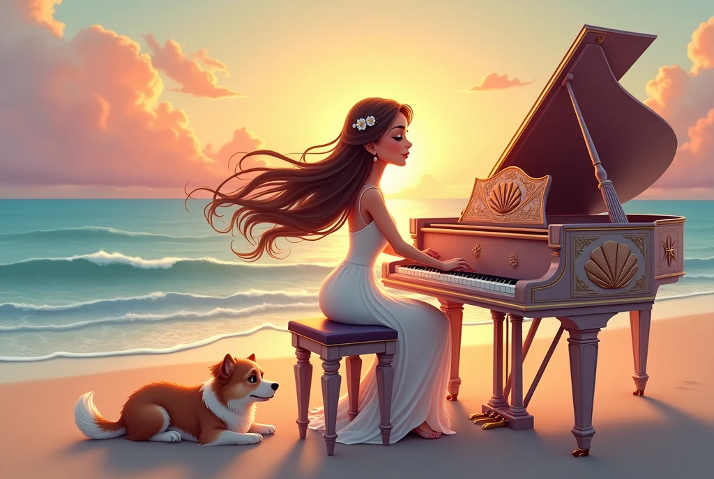 A warm, fantasy cartoon-style scene featuring a graceful woman playing the piano on a tranquil beach at sunset. The woman has a serene expression, with long, flowing hair that catches the soft ocean breeze. Her attire is elegant, with a light, flowing dress that complements the gentle waves in the background. Beside her, a loyal and fluffy dog rests peacefully, gazing at her with affection. The piano is a beautifully crafted, ornate instrument with intricate designs inspired by seashells and starfish. The sky is awash with hues of pink, orange, and purple as the sun sets, casting a warm, golden light over the entire scene, evoking a sense of calm and enchantment