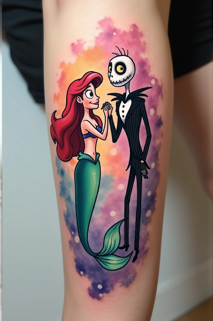 I would like something, what connects Arielle and Burton and I can&#39;t really find anything on the Internet. 

Would actually be open to suggestions. 

In terms of style, I think a little color would be okay, I think the watercolor style would be the most suitable for me.


The size should not be longer than 10-15cm on the upper arm, at the thigh not more than 20cm.
Ich  Disney und Tim Burton, not much color and would like to have my children&#39;s initials (A and F) have incorporated. In terms of style, I am quite open, just it shouldn&#39;t be too dark. My favorite movie is Ariel and Beetlejuice.