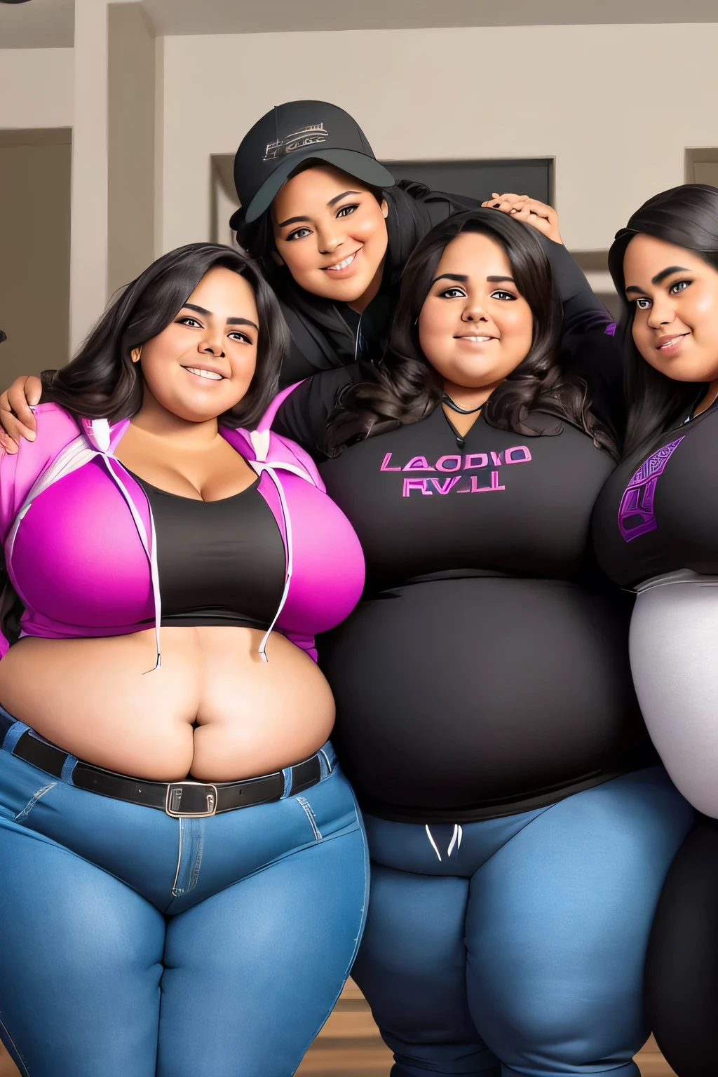 four extremely fat old latino women hugging, huge bust, 300 pounds, black pants, large stomach, lovehandles, smiling, bbw, plus size woman, wearing baseball cap, belt, massive and gigantic belly, wearing hoodie, hand on stomach, lying down, text on stomach, holding backpack, wearing backpack