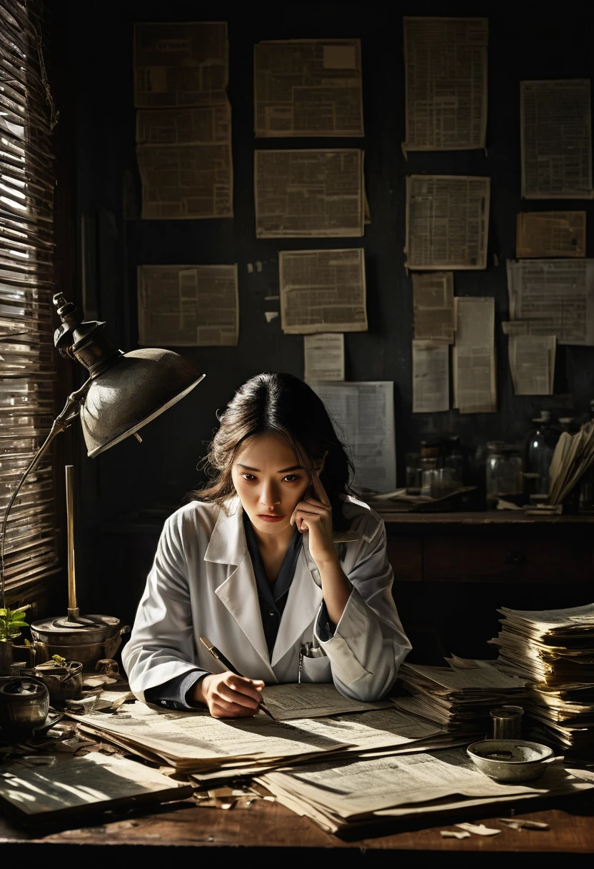 In a dimly lit laboratory, the early morning sun shines through Venetian blinds, creating stark shadows; papers and broken glass litter the floor; an empty clematis specimen case stands out on the center table; a drawer is pulled out, a computer with a broken screen; Misaki, a beautiful botanical genius, distraught in front of her, a hand over her mouth, her eyes wide in shock, wearing the previous day's wrinkled lab coat; a detective taking notes in the background; a forensic team taking fingerprints; the clock on the wall is 7 a.m. Clock showing 7:15 AM, ultra realistic, dramatic lighting, intricate detail, faded, highly detailed eyes, 16K resolution, RAW, Nikon Z9, creative, masterpiece, fantasy, super detailed, high res, RAW, Nikon Z9, creative, masterpiece, fantasy, super detailed, high res, high res, RAW, Nikon Z9 Realistic, Ultra-Detailed, High Definition, High Quality, 8k, Realistic, Ultra-Detailed Dramatic Lighting, Soft Focus, Digital Illustration, Complex Mechanics, Advanced Techniques, Dark Background, Cinematic, High Contrast, Atmosphere, (Best Quality, 4k, 8k, High Definition, Masterpiece: 1. 2), Ultra-Detailed, (Realistic, Graphic, Photorealistic: 1. 4) -- No glass --AR 16:9 --Stylized 1000