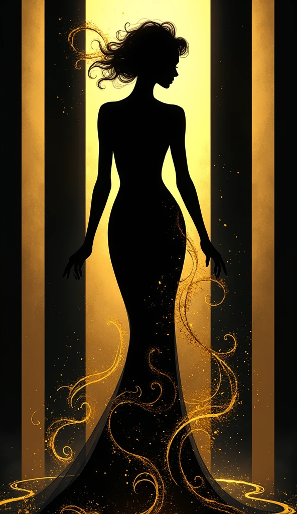the silhouette of a beautiful woman, black, golden swirls on her body, striped gold, black striped background