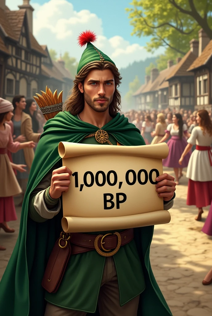 Robin hood on village holding text 1.000.000 BP on the board in hand showing to the cameraand behind people gi4ls dancing and feast