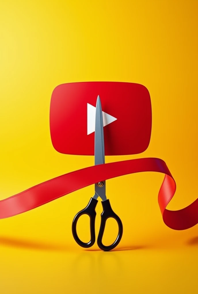 yellow backdrop, red YouTube logo, scissors cutting ribbon For podcast channel cuts