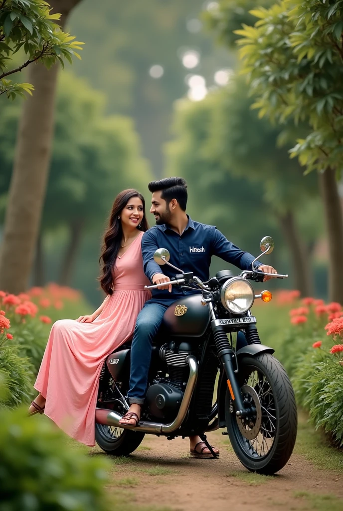 Make a beautiful handsome couple Boy name on his Navy Blue Shirt "HITESH" and girl name is on her Pink dress "RIDDHU" on her Dress and siting on a Beautiful Garden siting on a Royal Enfield Continental GT 650 with Black colour