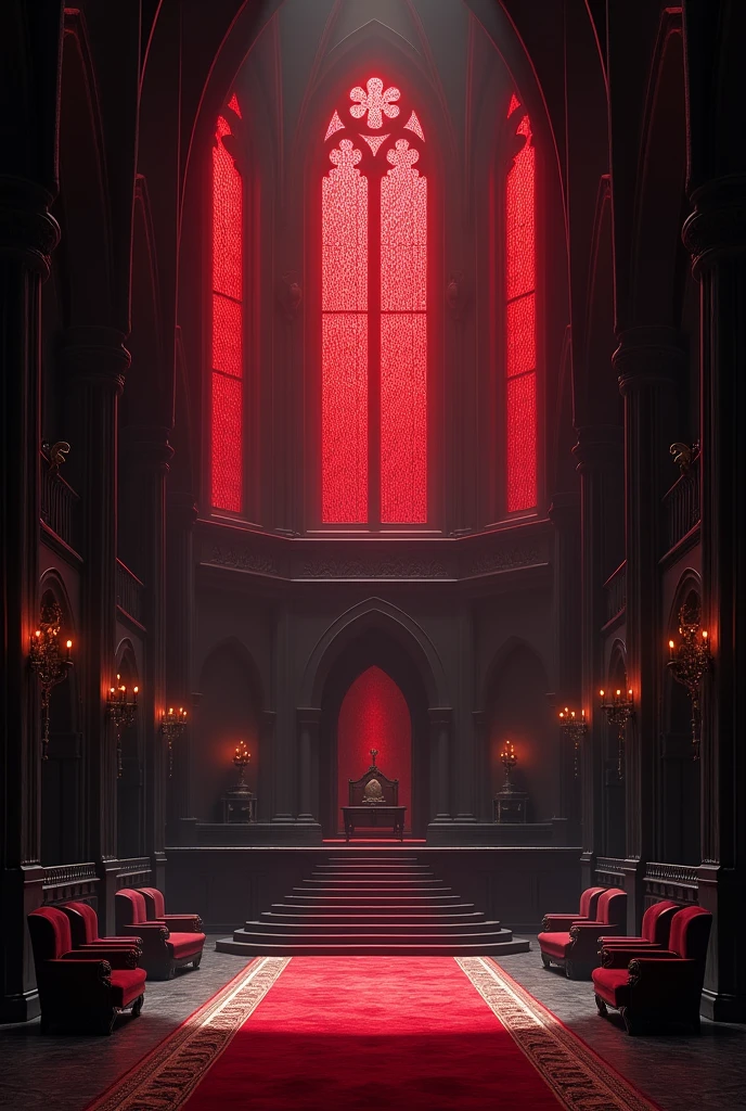 Can you create a huge Royal hall, very wide, with gothic style windows with black curtains, with completely black walls and black furniture in French medieval style, black carpet, black upholstery, with the entry of a very intense red sunlight through the almost opaque deep red stained glass windows?