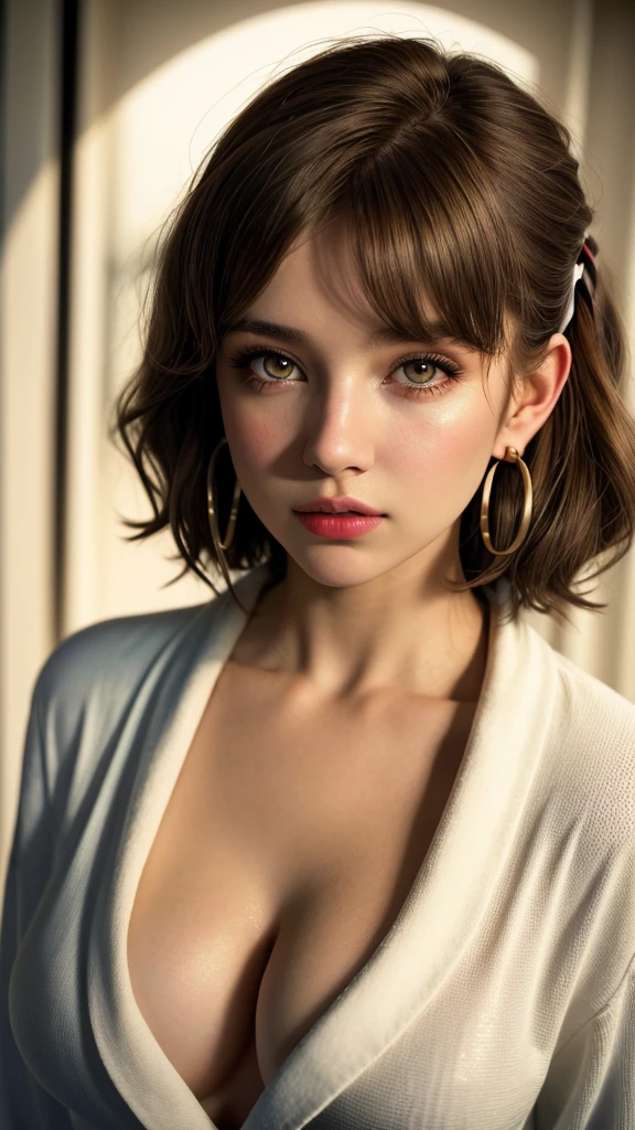 illustration, style of Philip Lorca diCorcia, cinematic film still portrait of young girl aged 16 yrs old, 1girl, solo, Instagram model, athletic figure, deep cleavage, modest bust size, cute face, wearing a white bathrobe, light brown hair, short curly hair, crossed bangs, brown eyes, constricted pupils, hair ribbon, hoop earrings, cinematic lighting, Ultra-Wide Angle, Canon, Hyperrealism, UHD, masterpiece, textured skin, high details, best quality, detailed eyes, detailed iris, close-up view