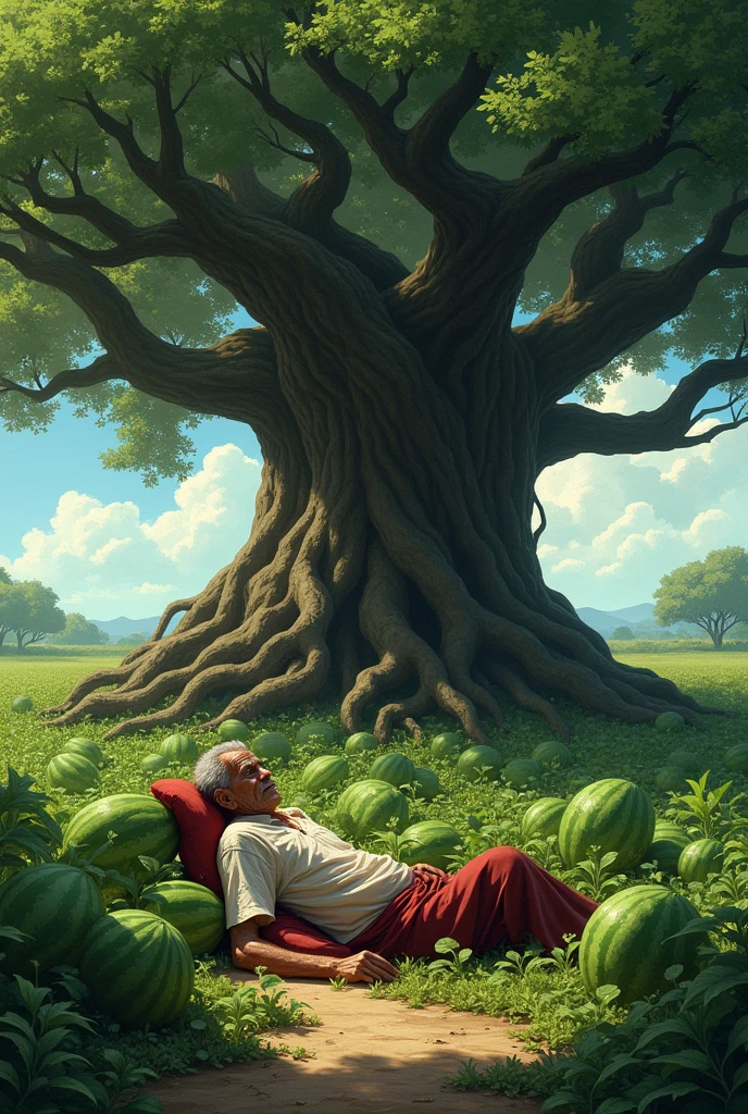 The man was lying under a banyan tree and guarding the watermelon garden
