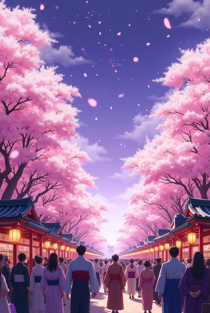 It creates a Japanese festival with cherry trees on the sides and purple petals with a purple sky.