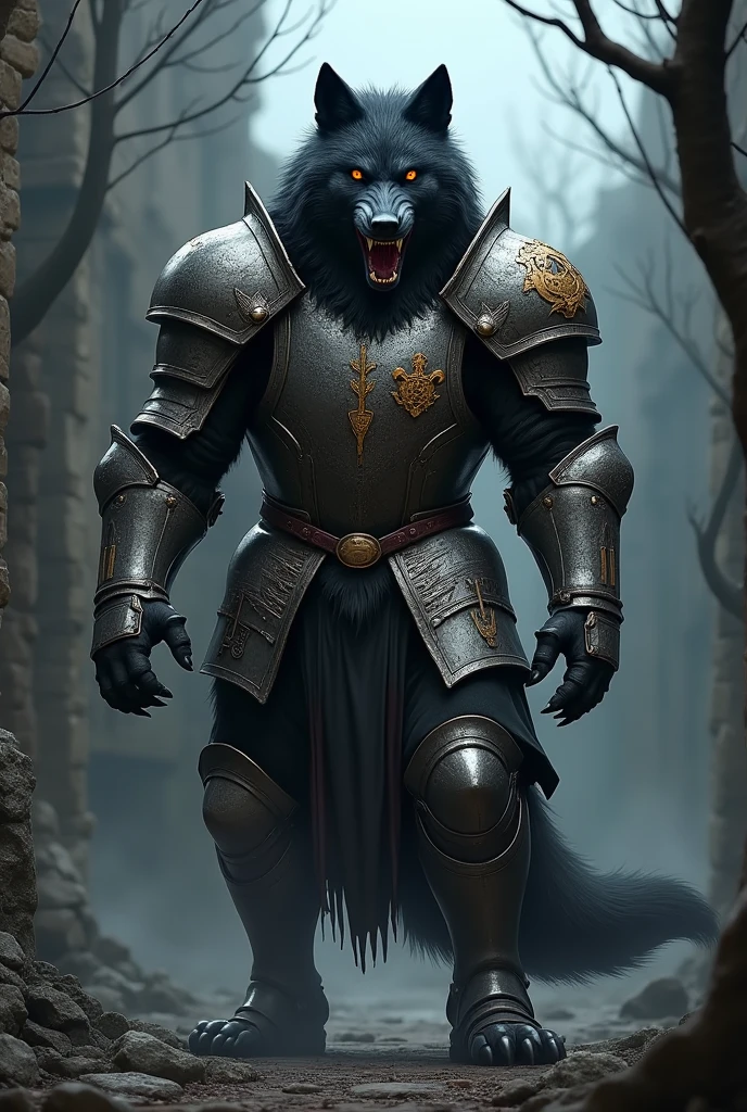 Black werewolf, yellow eyes, in Medieval knights armour
