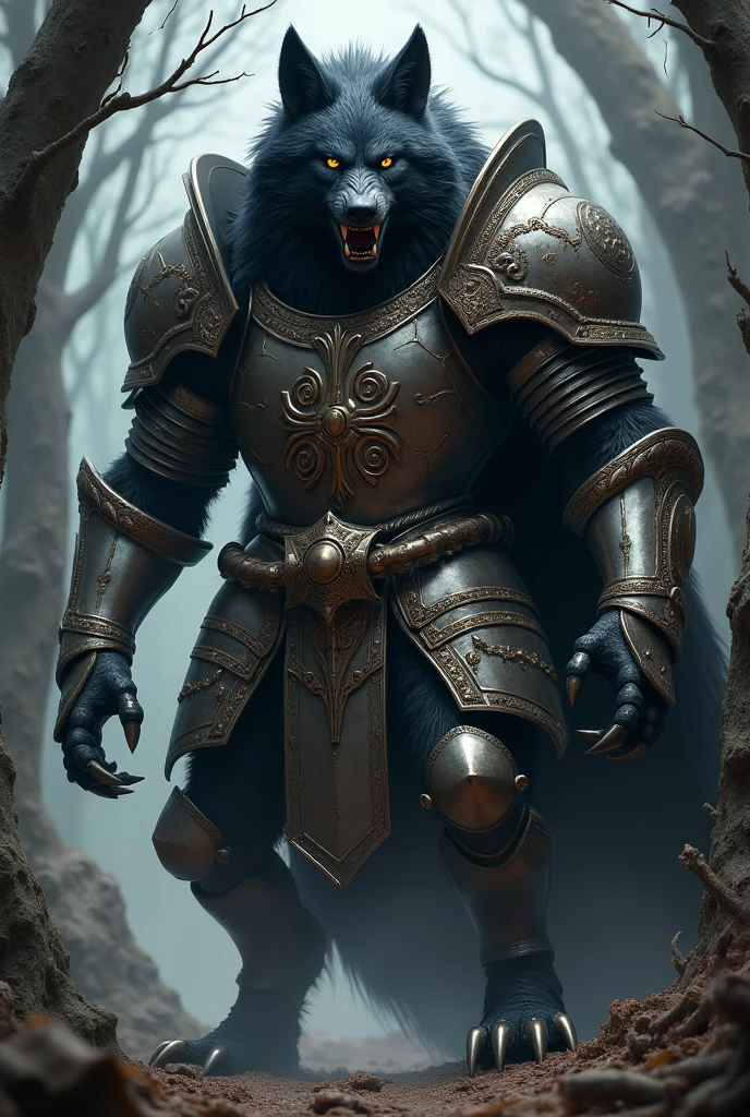 Black werewolf, yellow eyes, in Medieval knights armour