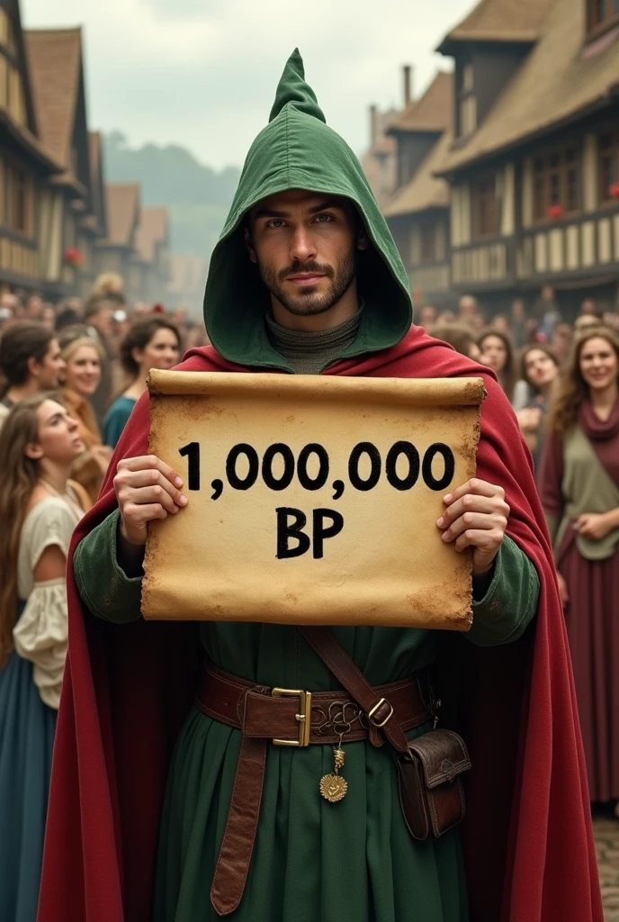 Robin hood on village holding text 1.000.000 BP on the board in hand showing to the cameraand behind people girls dancing and feast