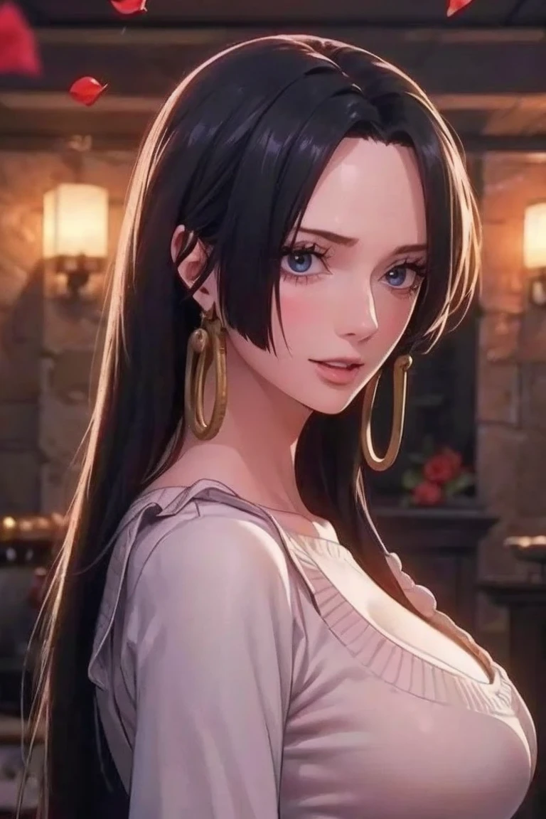 best quality, masterpiece, highly detailed,1girl, ((rose)), (vine), cage, bandage, red rope, (detail light), falling rose petals, Boa Hancock,, (masterpiece:1.5), Detailed Photo, Smiling,(8K, Photorealistic, Best Quality: 1.4), (1girl), Beautiful Face, (anime realistic Face), (Black Hair, long Hair: 1.3), Beautiful Hairstyle, Realistic eyes, beautiful detail eyes, (realistic skin), beautiful skin, (sweater), absurd, attractive, ultra high resolution, ultra realistic, high definition, golden ratio, backwards, looking back