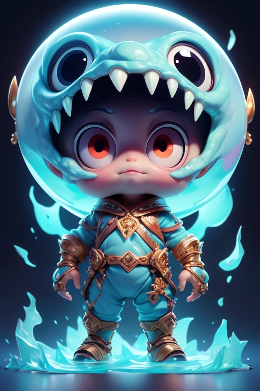 Create a monster image, a small, big-headed, baby monster.. The body is transparent and can be seen through. The image is sharp and detailed., with beautiful colors.. With arms, leg, eyes, mouth, พื้นหลังสีlegว