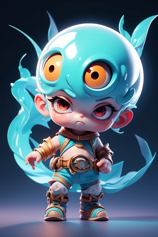 Create a monster image, a small, big-headed, monster.. The body is transparent and can be seen through. The image is sharp and detailed., with beautiful colors.. With arms, leg, eyes, mouth, พื้นหลังสีlegว
