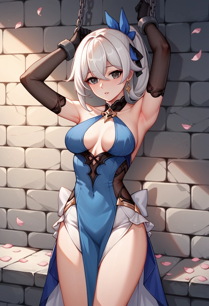 score_9, score_8_up, score_7_up, score_6_up, score_5_up, score_4_up, source_anime,1girl,worth, jingliu \(honkai: star rail\), black gloves, blue dress, detached sleeves, hair ribbon, white skirt, pelvic curtain, halterneck, looking at viewer, parted lips, adjusting hair, petals, floating hair , white hair, black eyes, wall, w-w-chain, shackles, raise arms, dungeon, best quality, best res, 4K UHD,