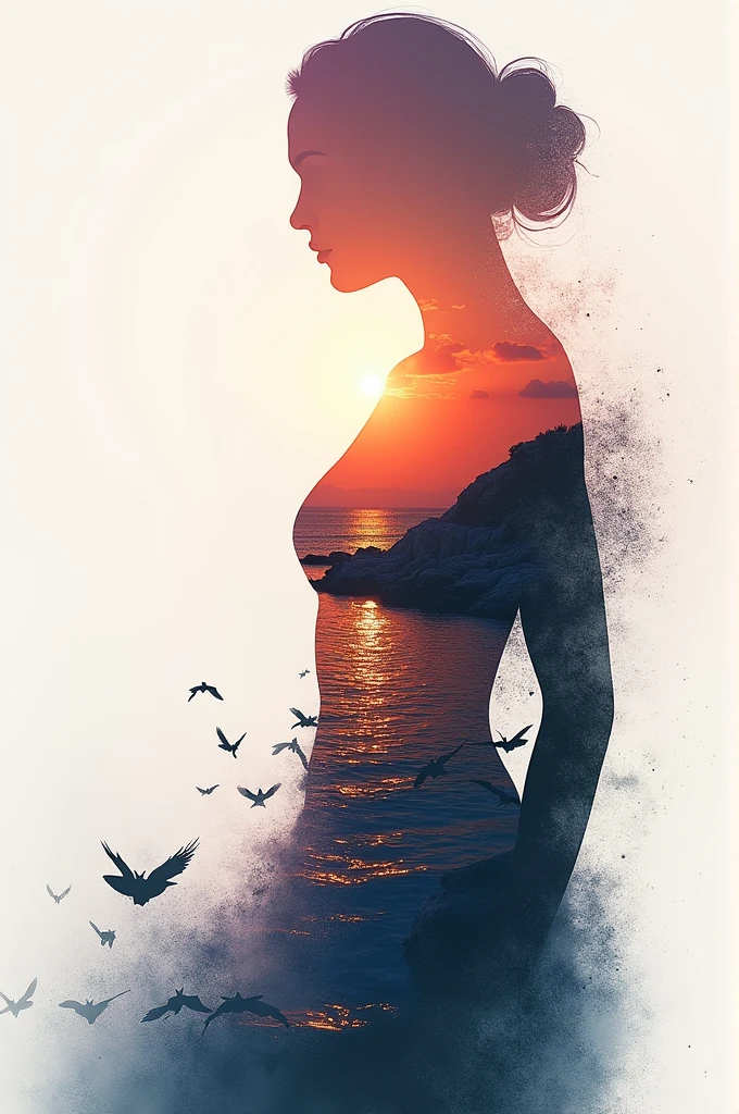 high quality, 8K Ultra HD, A beautiful double exposure that combines an goddess silhouette with sunset coast, sunset coast should serve as the underlying backdrop, with its details incorporated into the goddess , crisp lines, The background is monochrome, sharp focus, double exposure, by yukisakura, awesome full color,