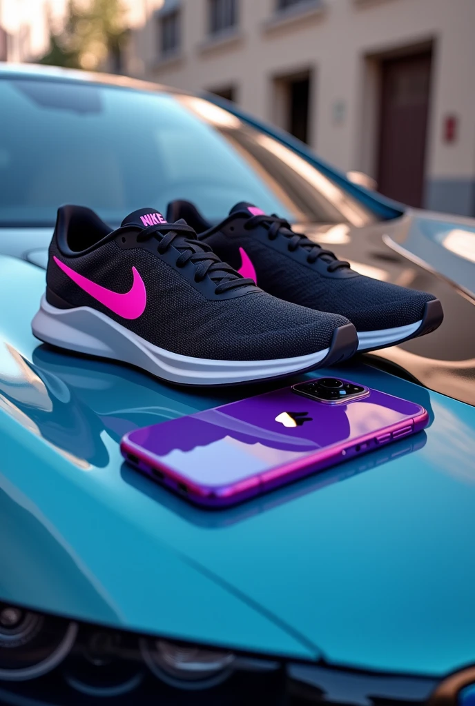 Nike shoes &purple iphone 14 on bmw i8 hood