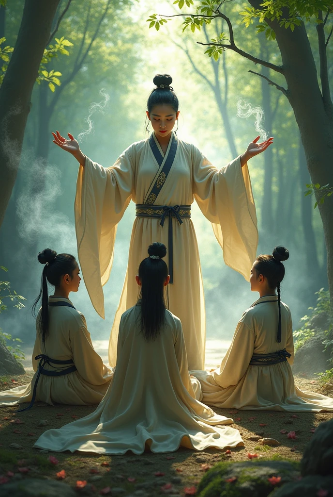 A Korean female shaman with mystical powers training her 3 students