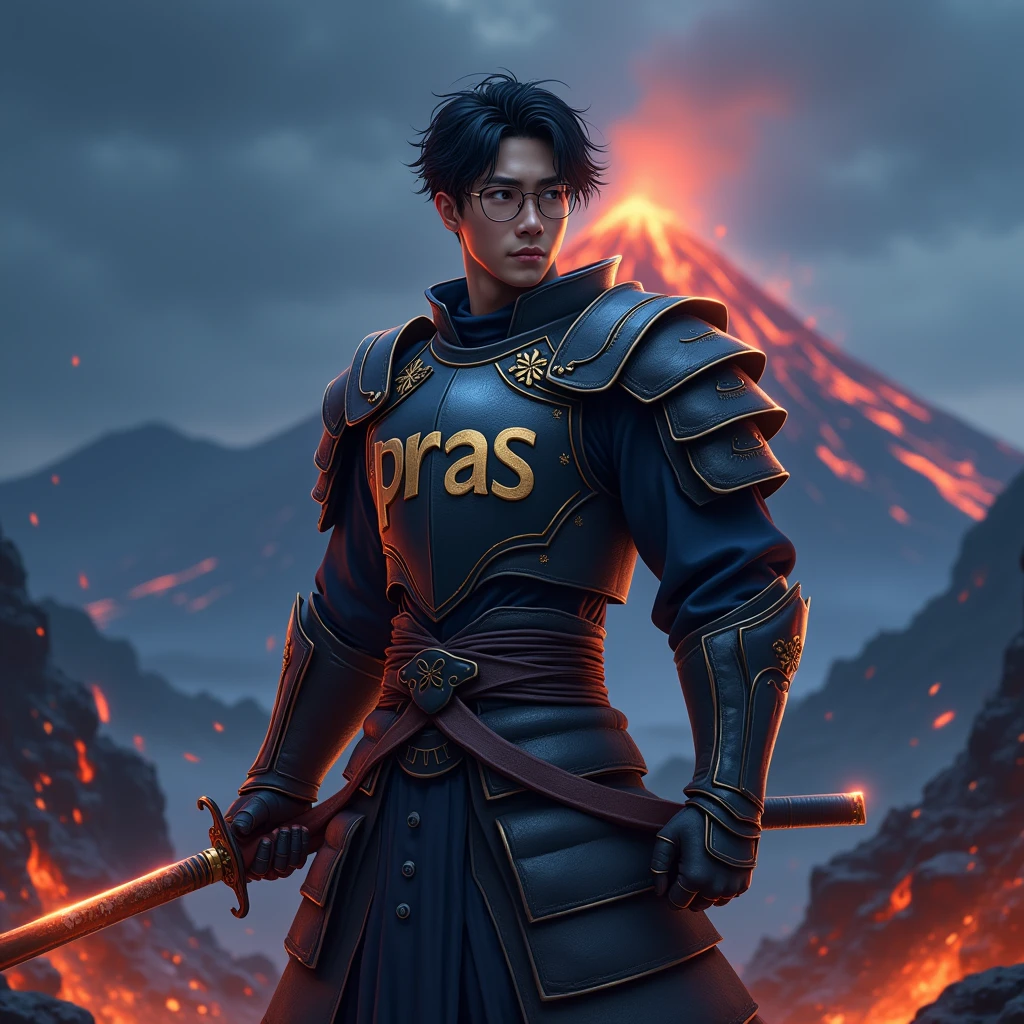 Create a character anime, {{background: text: “GLBK”, darkness blue vulcano}},
realistic, HDR, use glasses, handsome, korean style, full body, use katana, age 20, armor text HD: “PRAS”