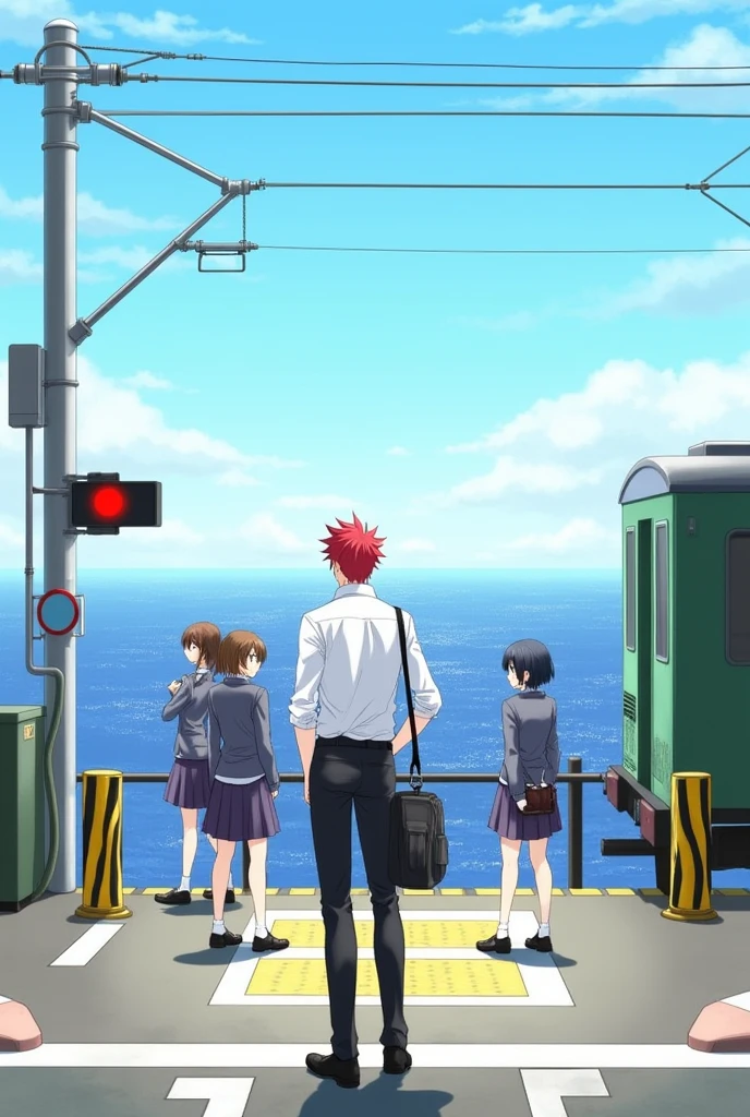 Create a scene at a Japanese railway crossing near the seaside. A tall male character with red hair stands with his back to the viewer, wearing a white shirt and black pants. He holds a bag over his shoulder and looks towards three schoolgirls dressed in typical Japanese high school uniforms who are standing together and talking. The railway crossing has yellow and black striped barriers and a red signal light. A green train is partially visible on the right side, and the ocean glistens in the background under a bright sky.