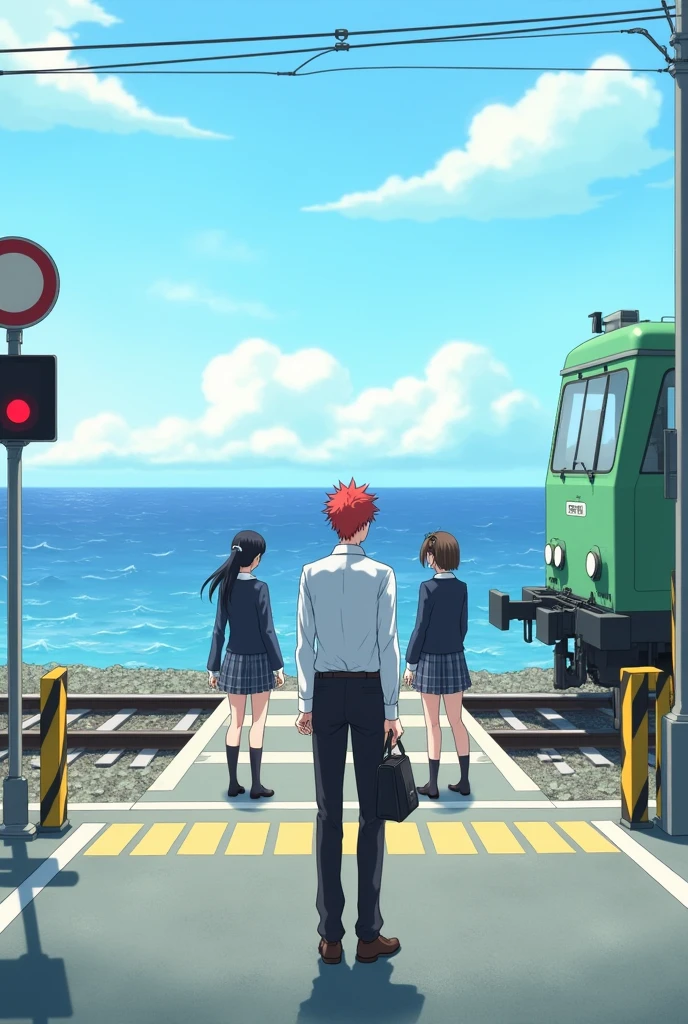 Create a scene at a Japanese railway crossing near the seaside. A tall male character with red hair stands with his back to the viewer, wearing a white shirt and black pants. He holds a bag over his shoulder and looks towards three schoolgirls dressed in typical Japanese high school uniforms who are standing together and talking. The railway crossing has yellow and black striped barriers and a red signal light. A green train is partially visible on the right side, and the ocean glistens in the background under a bright sky.
