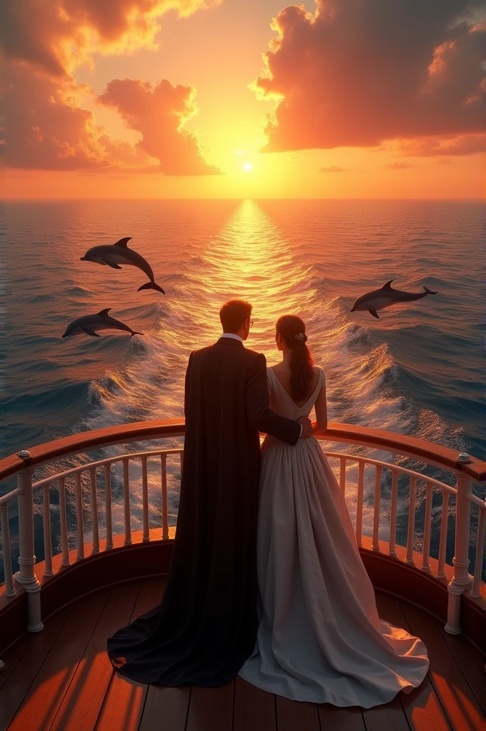 On a ship deck king and queen watching sunset and dolphins jumping around like a titanic scene