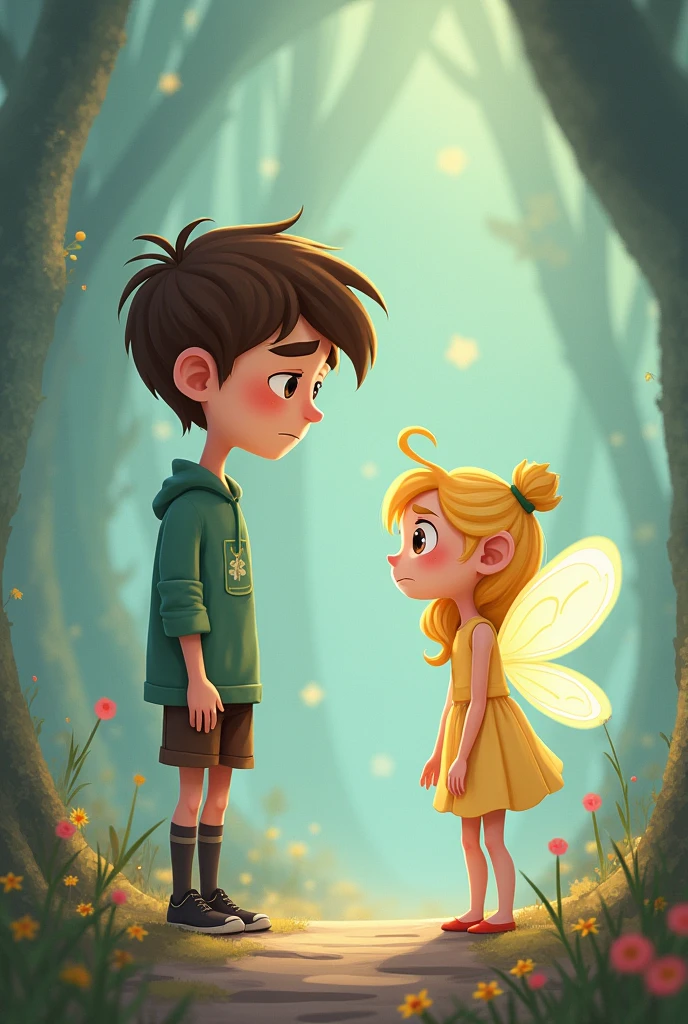 Tom realized his mistake and felt deep remorse.with sad face “I’m sorry, fairy lady. I promise never to be selfish again.”cartoon image