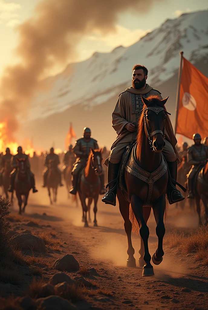 "A wide-angle shot of Tariq ibn Ziyad on horseback, leading his troops away from the burning ships towards the mountains in the distance."