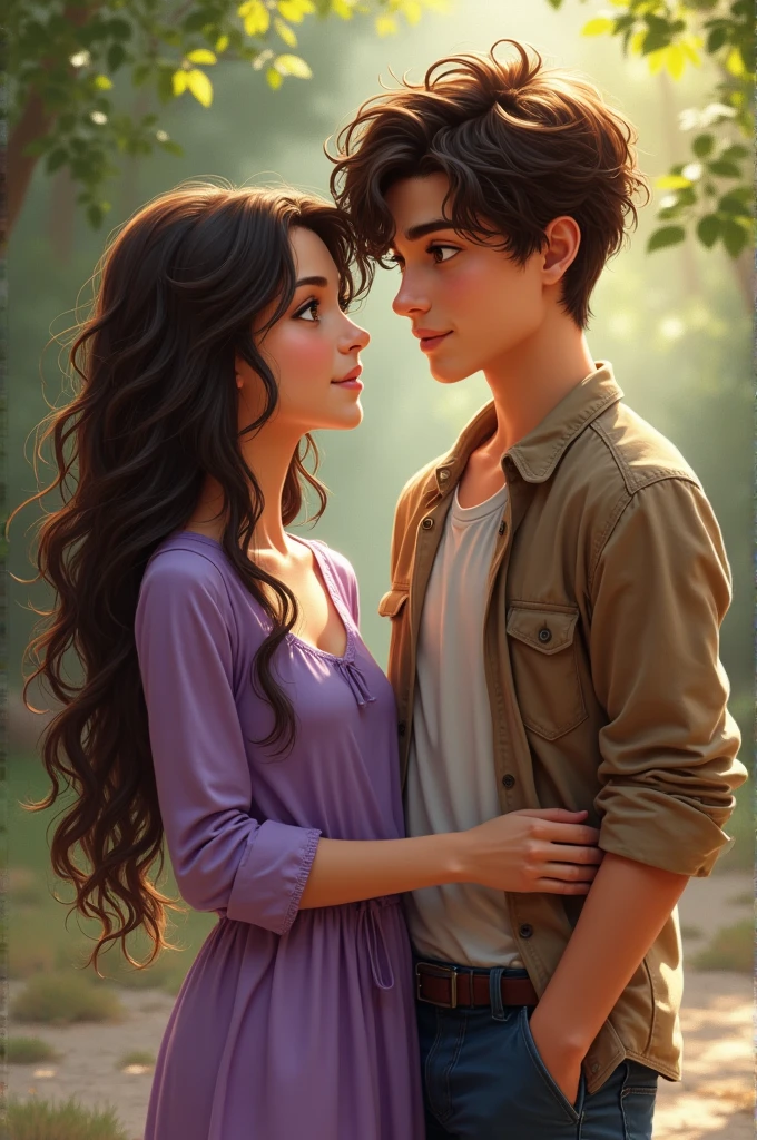 A brunette teenage girl with long wavy hair down to mid back with black eyes wearing a casual purple dress above knee and a white teenage boy with brown eyes brown hair