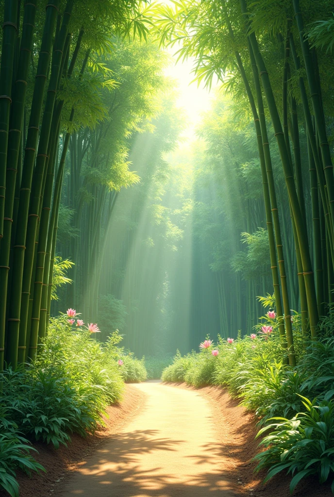 (photorealism:1.2), bamboo forest with a sunny day and big garden so I can put an object there.