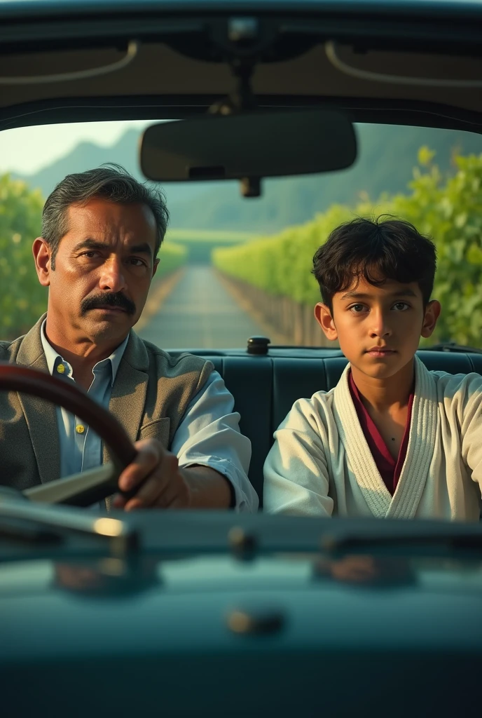 photo realistic, cinematic film poster of a father and a son driving along the Kalimpong outskirt, father in shirt coat, son in karate dress, Darjeeling vines, evening, front face of father and son, no beard