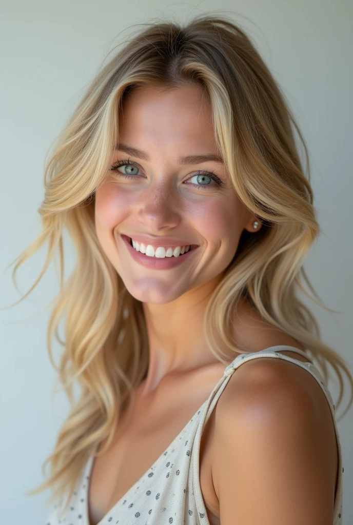 A 25 Slavic woman with blonde hair, fair skin, and blue eyes. She has a youthful and radiant appearance, with a soft smile on her face. Her hair is long and slightly wavy, falling gracefully over her shoulders. The image should be in high resolution, capturing the natural beauty and features of the woman in a realistic and detailed manner. She is dressed in casual, modern clothing, with a light background that complements her complexion