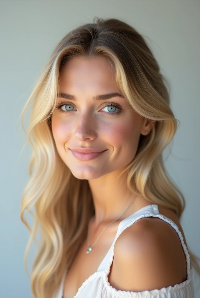 A 25 Slavic woman with blonde hair, fair skin, and blue eyes. She has a youthful and radiant appearance, with a soft smile on her face. Her hair is long and slightly wavy, falling gracefully over her shoulders. The image should be in high resolution, capturing the natural beauty and features of the woman in a realistic and detailed manner. She is dressed in casual, modern clothing, with a light background that complements her complexion