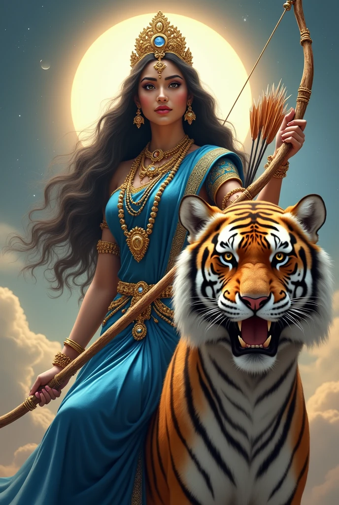 "Create an ultra-realistic image of the beautiful Goddess Chandraghanta, depicted in her divine form, wearing a royal blue saree with a matching royal blue blouse. She looks like a ((((((newely wedded indian bride)))))). The saree should be richly detailed with intricate gold embroidery, symbolizing her royal status and celestial power. Her skin should glow with a soft, radiant light, reflecting her divine nature. Her face should be serene yet powerful, with large, compassionate eyes that exude both grace and strength. A serene smile should adorn her face, conveying her peaceful nature and her commitment to the welfare of her devotees, she have extreme long hair, beautiful hair, long flowing hair, long wavy hair.

(((((((((There is a extreme very big purely white shining half moon as a jewel on her tiara))))))))).

She has only two hands.
In the right hand she is holding a majestic designed extreme big bow.
In the left hand she holds majestic big arrows.

She should be riding on an extremely large and powerful tigress, symbolizing her strength, courage, and readiness to protect her devotees. The tigress should have a fierce yet loyal expression, perfectly complementing the goddess's commanding presence.

The background should be a celestial landscape, with soft, glowing light that enhances the divine atmosphere. Elements like the moon and stars should be subtly incorporated to reflect her connection to the celestial realm. The overall image should capture the essence of Goddess Chandraghanta’s beauty, strength, and protective nature, presented in a highly realistic and detailed manner, with her mount emphasizing her power and readiness for battle."