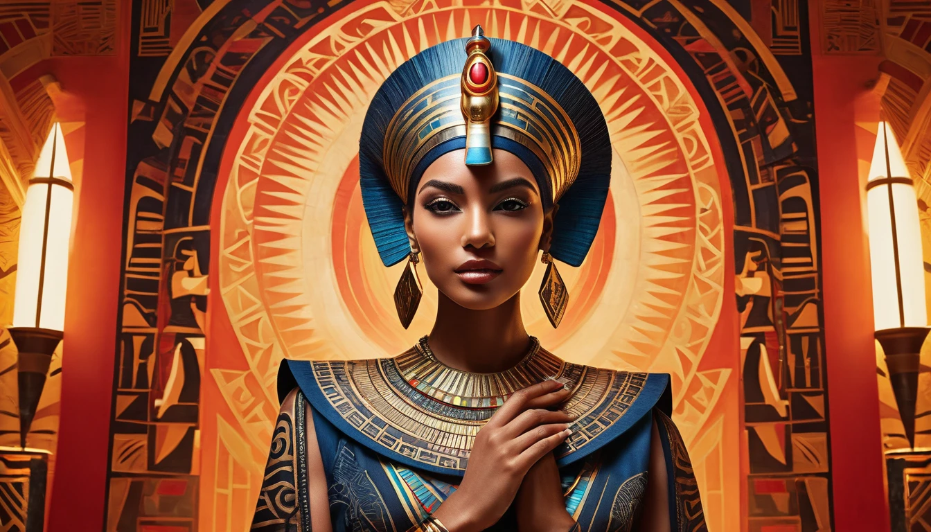 A confident woman with a strong jawline and determined expression stands tall, her body angled slightly towards the camera. She's dressed in modern attire with bold, geometric patterns inspired by Egyptian art, her silhouette accentuated by dramatic lighting that casts intriguing shadows. Her hand, adorned with a large, ornate ring featuring an Eye of Horus design, reaches out towards the viewer as if controlling their destiny. The background features a vibrant, stylized depiction of ancient Egyptian deities, their forms merging with swirling patterns of smoke and light. The overall palette is dominated by bold reds, oranges, and yellows, conveying a sense of power and influence. The image is sharply focused with a wide-angle lens, emphasizing the woman's commanding presence and the captivating energy of the scene.