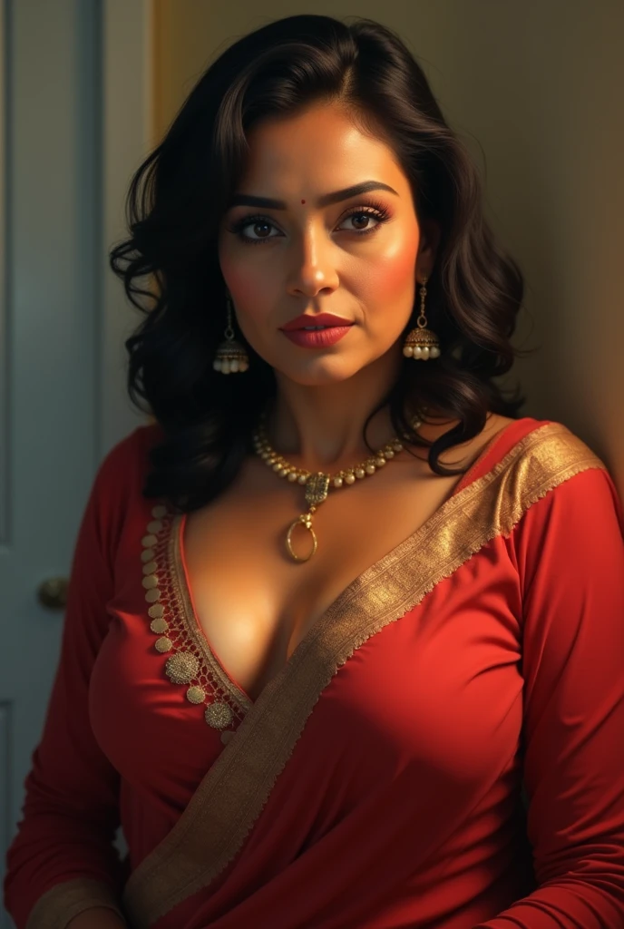 1 girl, front look, she is wearing a silk black saree, front face, close lips, red lips, light cleaves, healthy skin, indianwoman, detailed eyes, indoor drowing room, cowboy_shot, softcore milf, masterpiece, highres, 38 years old woman, 3 8 years old woman, curvy model,curvy front cover in clothes, beautiful woman, beautiful hands and full detail. full detail all fingers very accurate