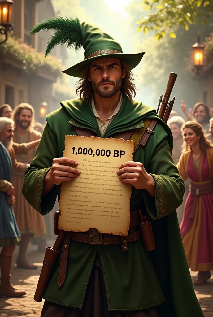 Robin hood on village holding  text 1.000.000 BP on the board in hand showing to the cameraand behind people dancing and feast