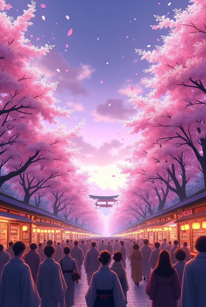 It creates a Japanese festival with cherry trees on the sides and purple petals with a purple sky.