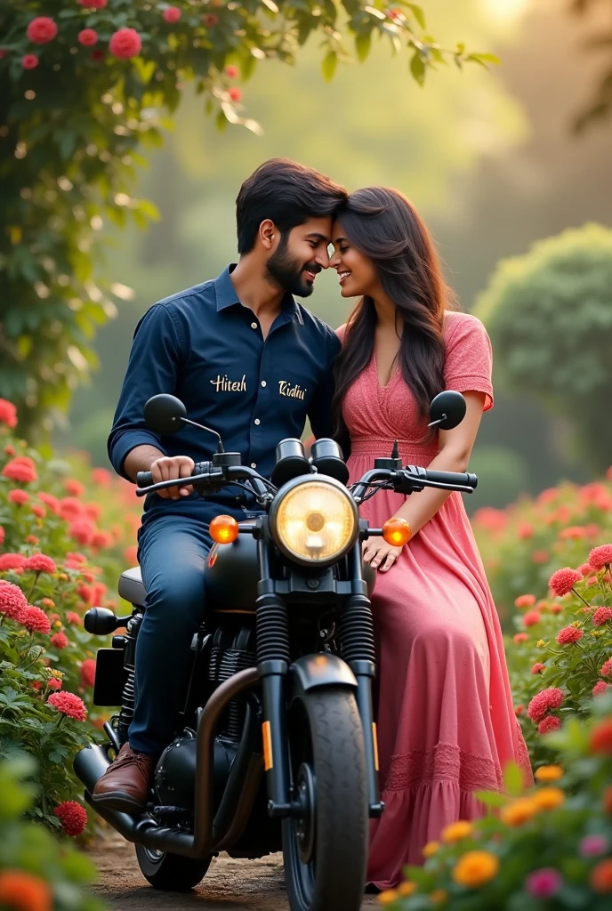 Make a beautiful handsome couple Boy name on his Navy Blue Shirt "HITESH" and girl name is on her Pink dress "RIDDHU" on  siting on a Beautiful Garden siting on a Royal Enfield Continental GT 650 with Black colour 

