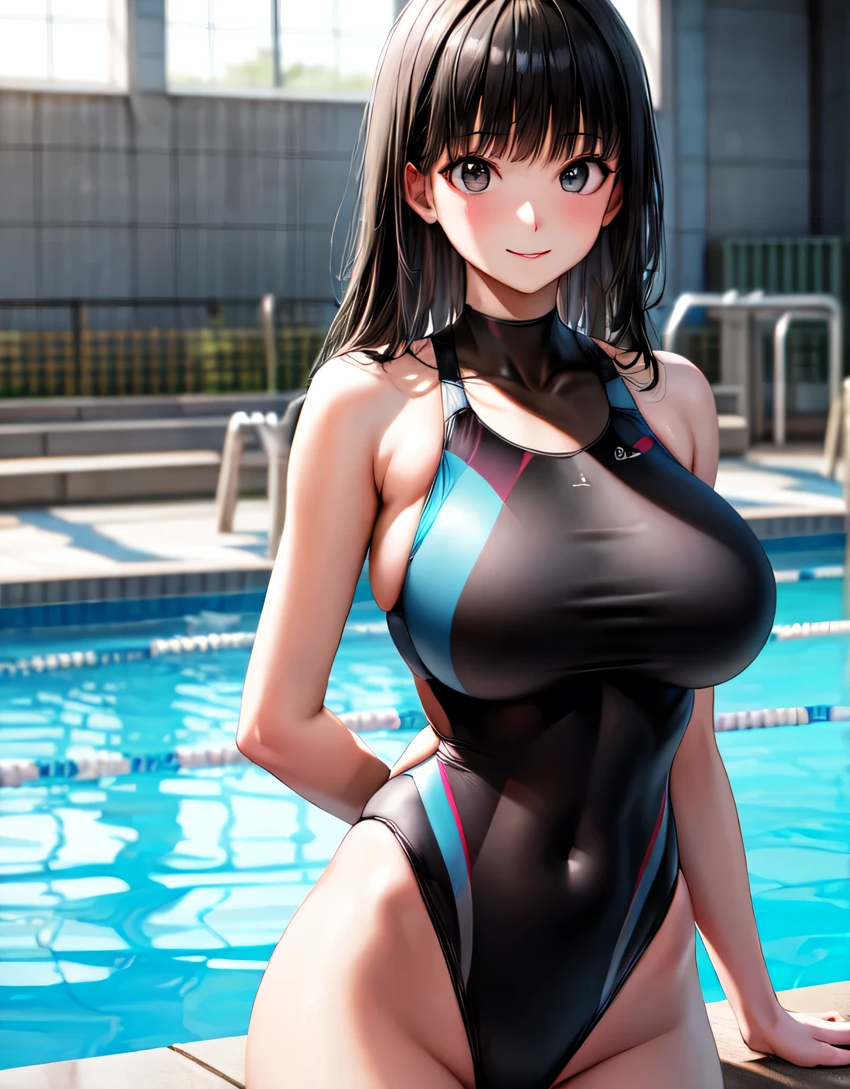 tsukasa ayatsuji,black hair,long hair,bangs,blunt bangs,(black eyes:1.5),(large breasts:1.55),(shiny,hair),((solo)),((masterpiece)),((best quality)),perfect anatomy,slim waist,perfect image,8k UHD,(beautiful detailed eyes:1.5),extremely detailed face,standing,(upper body:1.25),(look at the front:1.5),arms behindback,ultra-detailed,absurdres,highres,(gorgeous indoor pool),(extremely shiny Competition swimsuit:1.2),smile,bareshoulders,