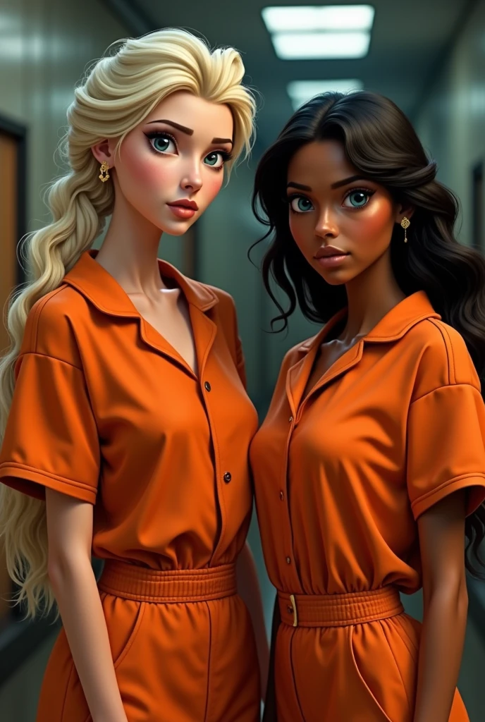 Princesses Elsa and Jasmine in orange prisoner costumes in prison, defiantly, boldly. They are the leaders of the princess gang.. figure detailing, face detail, sexually. photo realistic. In the style of Marvel movies.