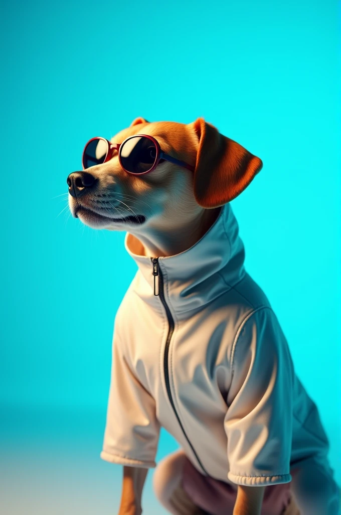 The best cell phone wallpaper, Award-Winning Wallpaper, portrait photography, In the front view is a portrait of a cute dog wearing mid-1960s space age fashion, Side view photo, Shot with Canon EOS R5, Set a strong contrast that accentuates the subject, Fluorescent blue tone, Wearing a very modern coat and sunglasses is a modern 1960s style, Clothes all in one color, beautiful background